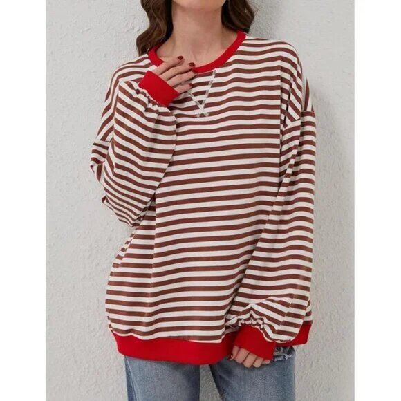 Maroon Red Striped Oversized Sweatshirt - Picture 4 of 6